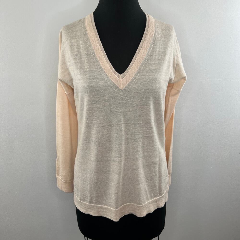 J. Crew Cream Long Sleeve V-Neck Merino Wool-Linen Blend Pullover Sweater Sz XS